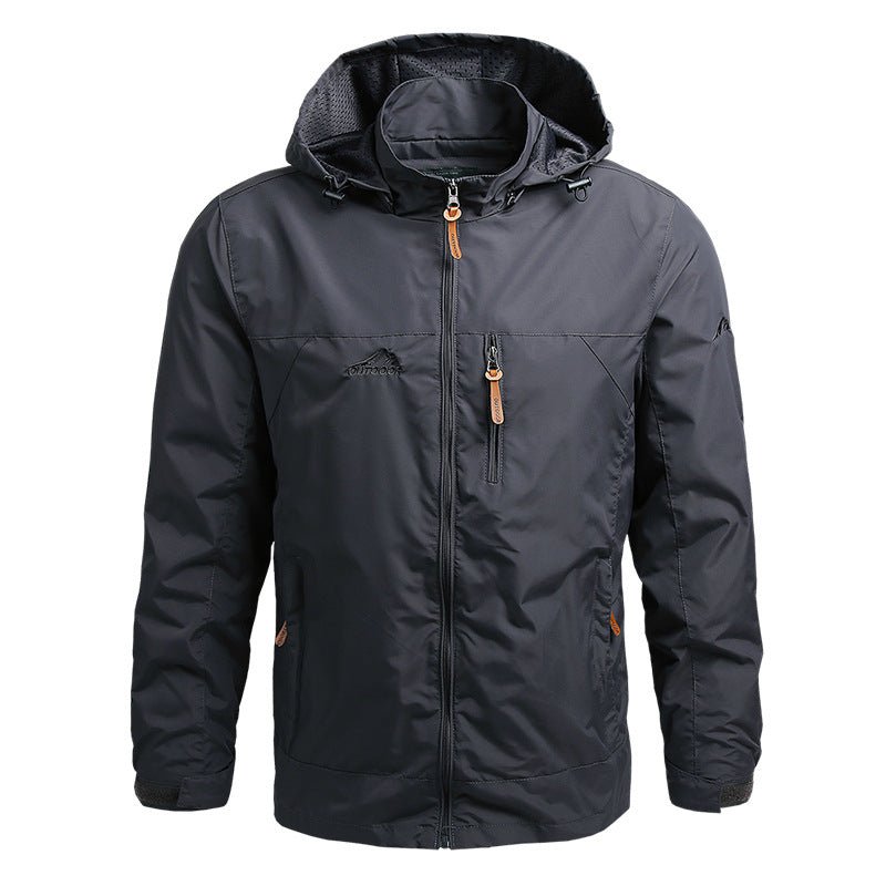 Men's weatherproof outdoor jacket with adjustable hood, zip pockets, water-repellent nylon blend