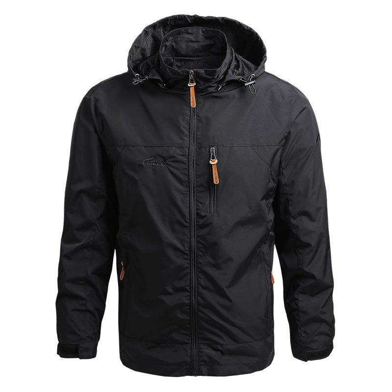 Men's weatherproof outdoor jacket with adjustable hood, zip pockets, water-repellent nylon blend