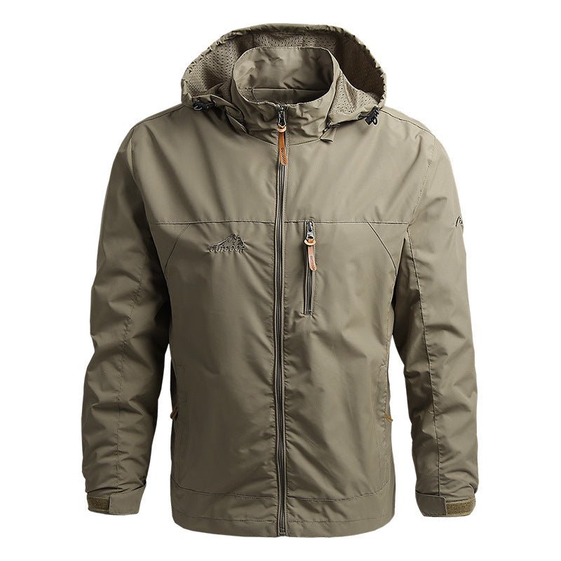 Men's weatherproof outdoor jacket in neutral tones with adjustable hood and secure zip pockets