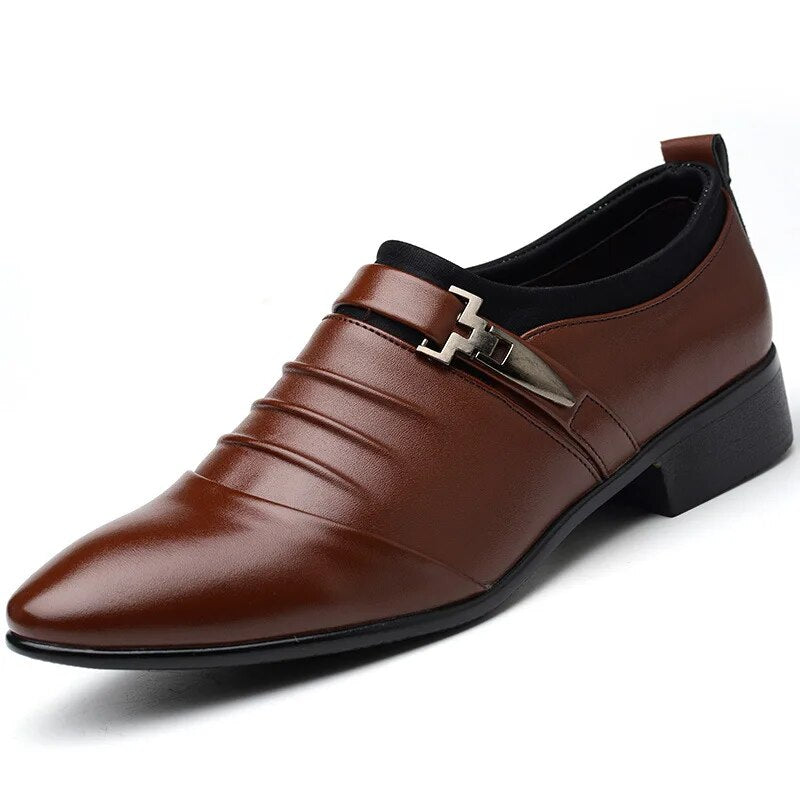 Men's black pointed toe monk strap dress shoes with elegant buckle in leather-look PU finish
