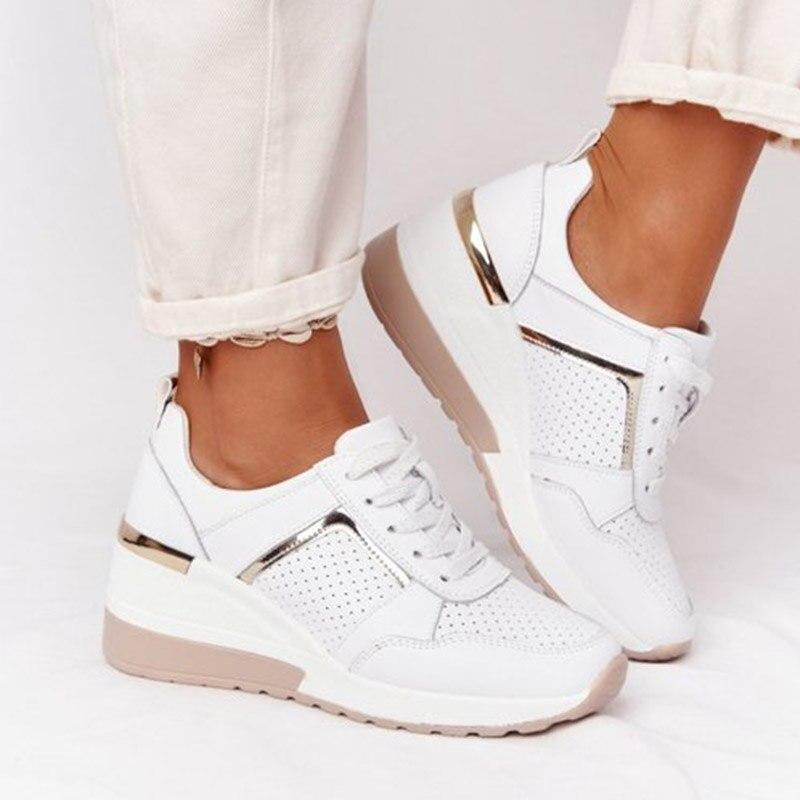 Women's white comfort wedge sneakers with hidden platform sole and built-in comfort support
