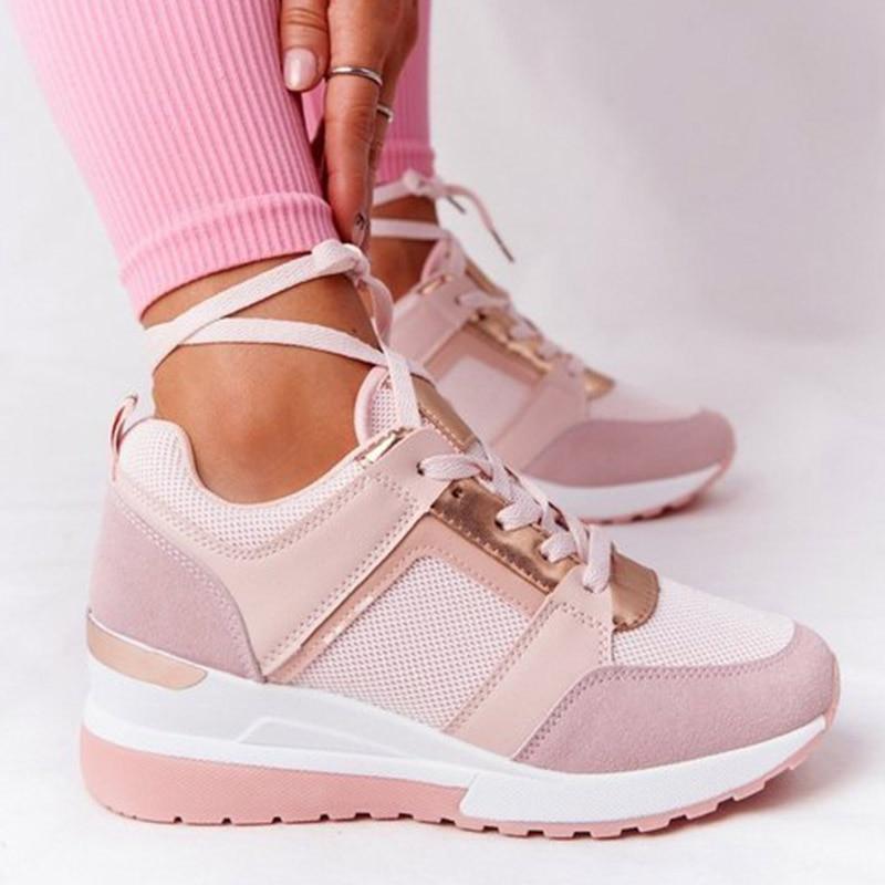 Women's white comfort wedge sneakers with hidden platform sole and built-in comfort support
