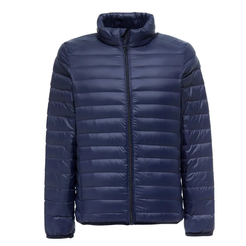 Men's lightweight packable puffer jacket water-resistant sleek fit for outdoor winter wear