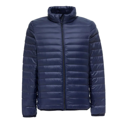 Men's lightweight packable puffer jacket water-resistant sleek fit for outdoor winter wear