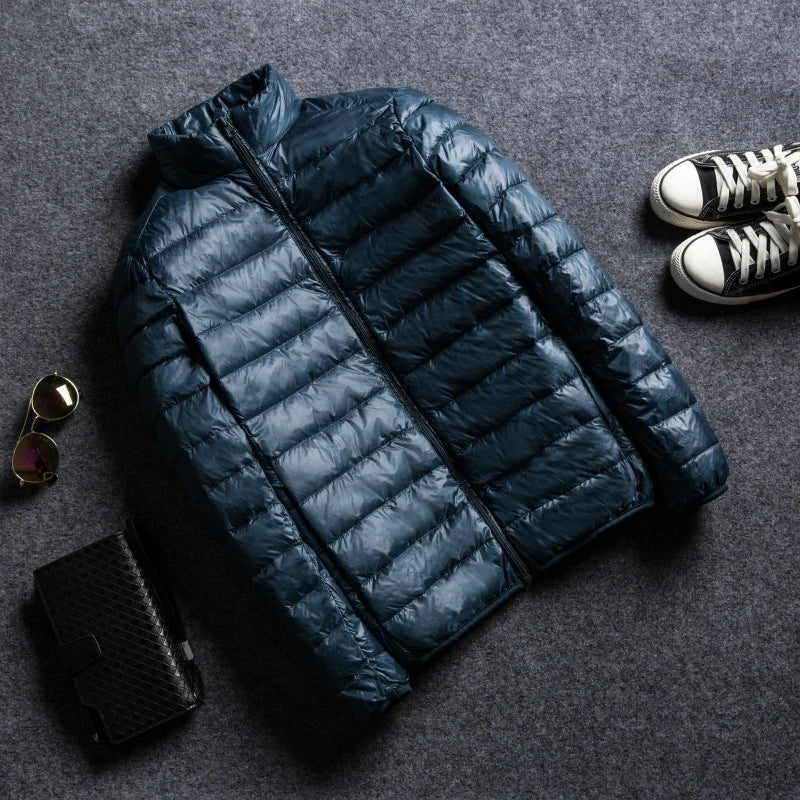 Men's lightweight packable puffer jacket water-resistant slim fit for outdoor winter wear