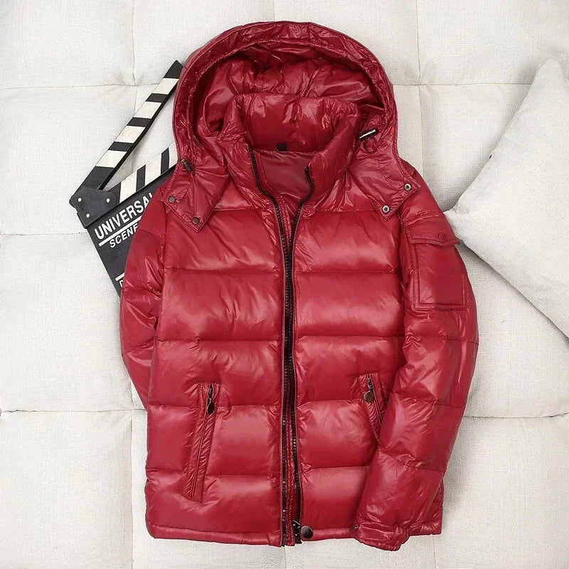 Men's shiny black hooded puffer jacket windproof water-resistant insulated down coat