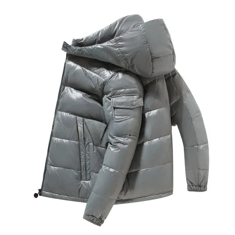 Men's shiny black hooded puffer jacket windproof water-resistant insulated down coat