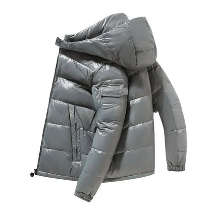 Men's shiny black hooded puffer jacket windproof water-resistant insulated down coat