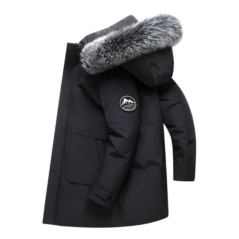 Men's navy windproof hooded duck down jacket with faux fur trim and multiple pockets