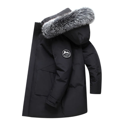 Men's navy windproof hooded duck down jacket with faux fur trim and multiple pockets