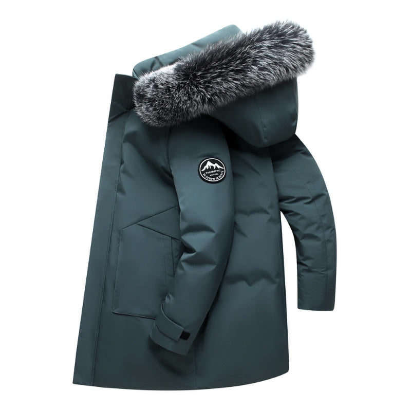 Men's navy windproof hooded duck down jacket with faux fur trim and multiple pockets