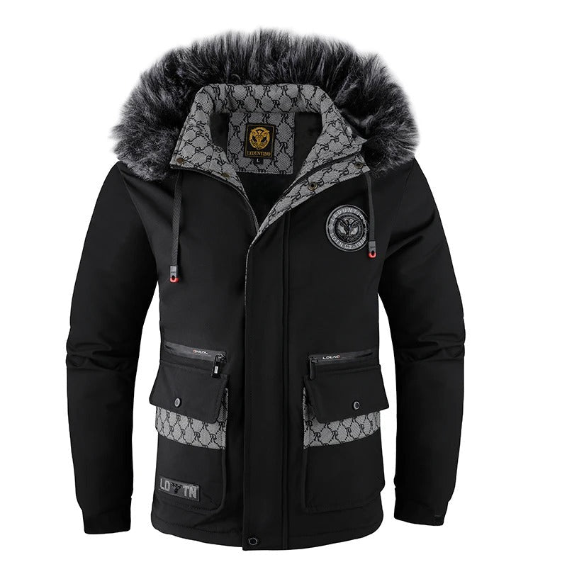 Men's black padded hooded winter jacket with fur-trimmed hood, thick insulation, windproof shell