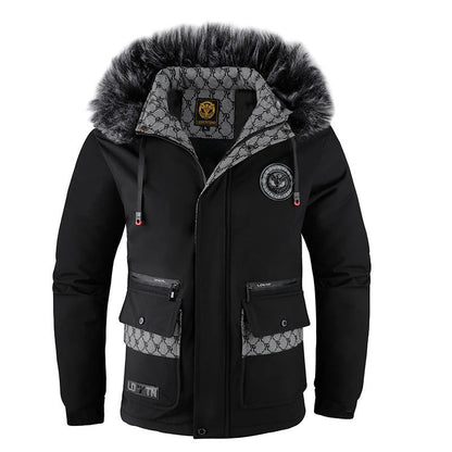 Men's black padded hooded winter jacket with fur-trimmed hood, thick insulation, windproof shell