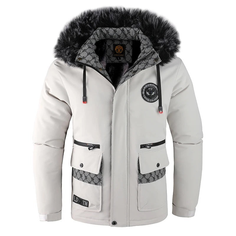 Men's black padded hooded winter jacket with fur trim thick insulation windproof shell