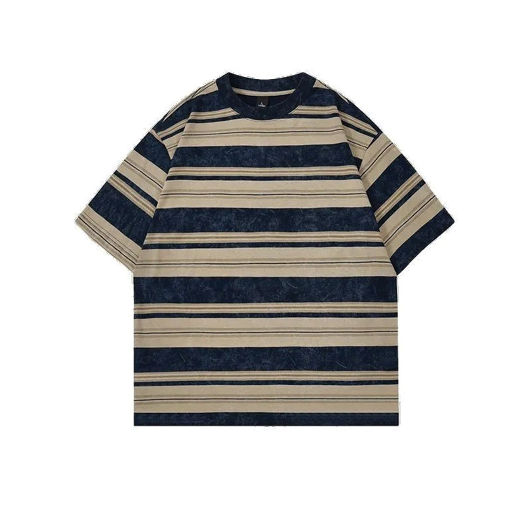 Distressed sun-faded striped cotton tee, oversized boxy fit, vintage 90s washed-out muted tones