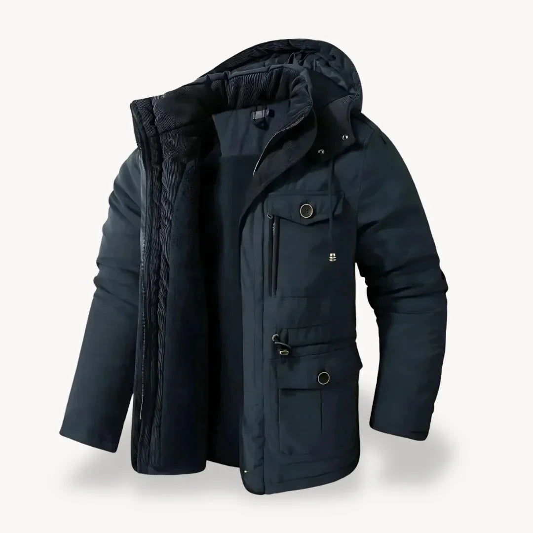 Men's heavy-duty hooded winter jacket rugged insulated outerwear windproof shell cold weather