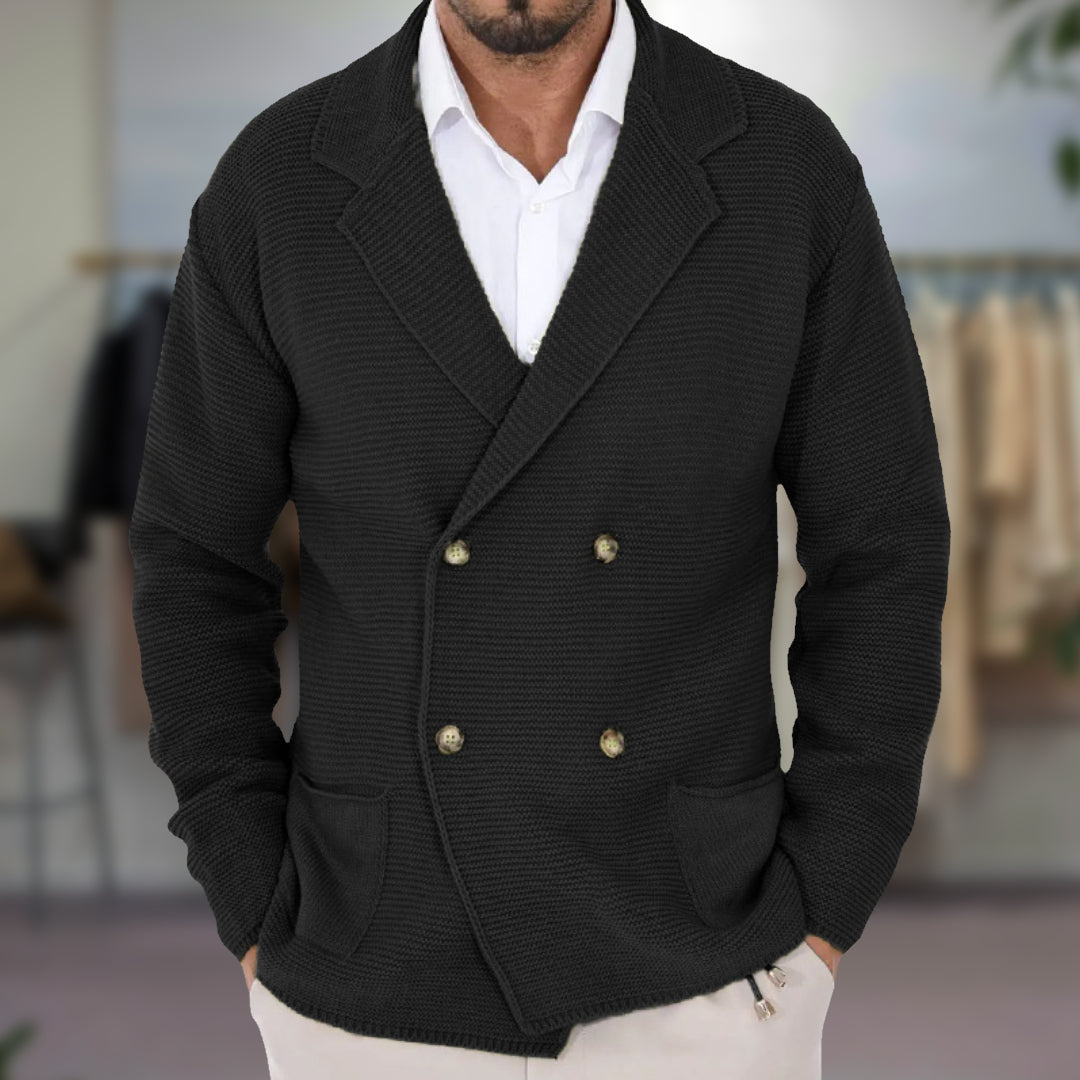 Navy double-breasted cardigan men slim fit blazer-inspired knit tailored silhouette breathable warmth