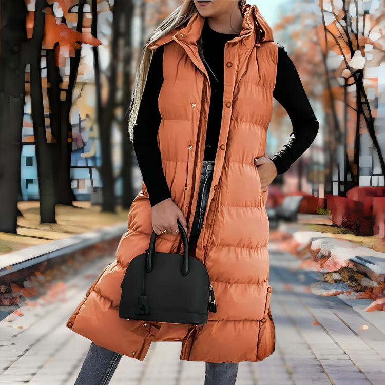 Women's long padded winter coat in classic neutral tone, relaxed fit with sleek versatile silhouette