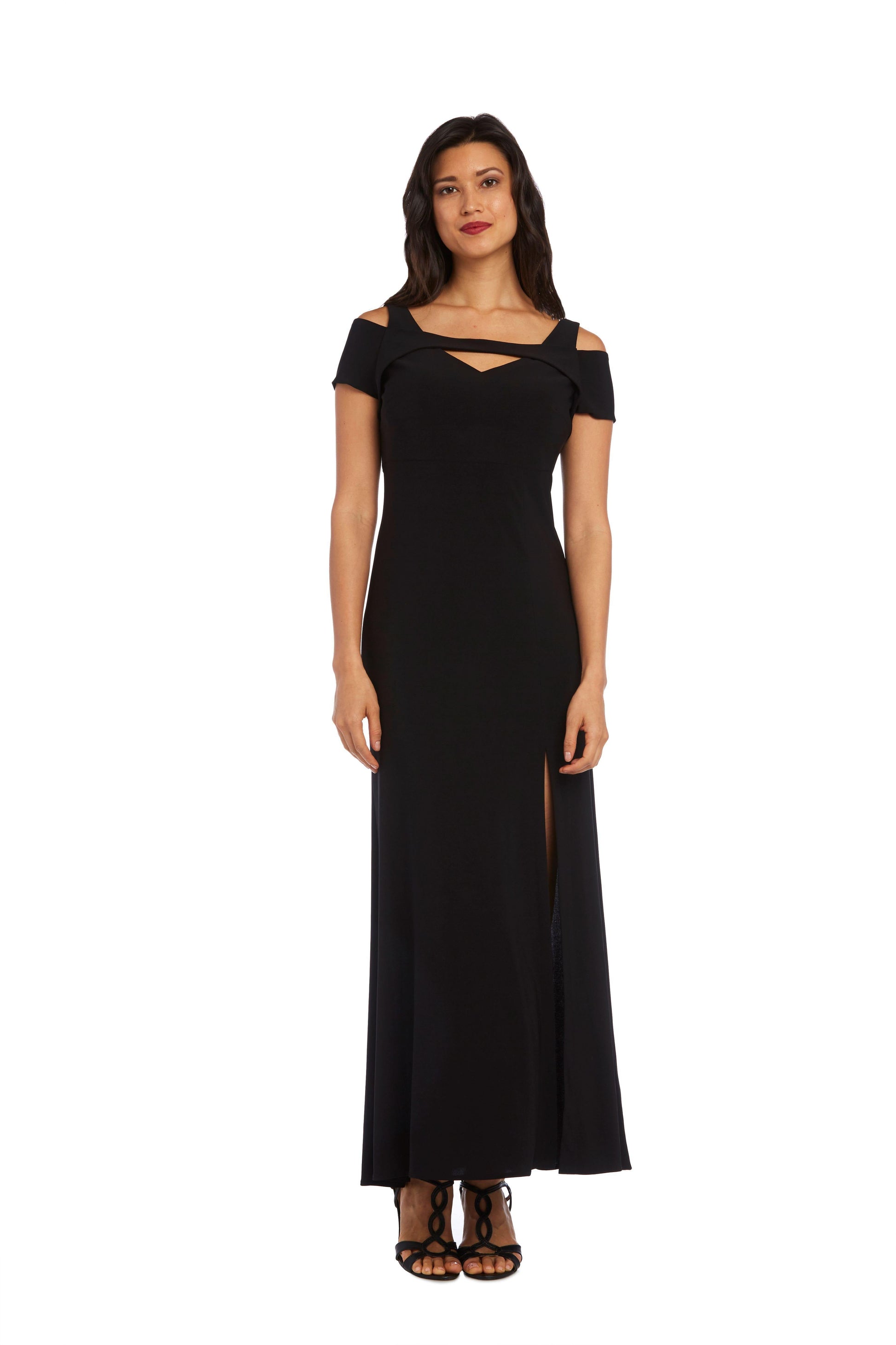 Black petite formal evening dress off-shoulder design with high side slit, full length elegant gown