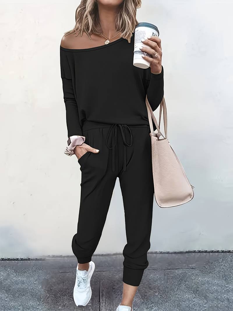 Nova two-piece set off-shoulder top relaxed fit women's chic loungewear coordinates in neutral tone