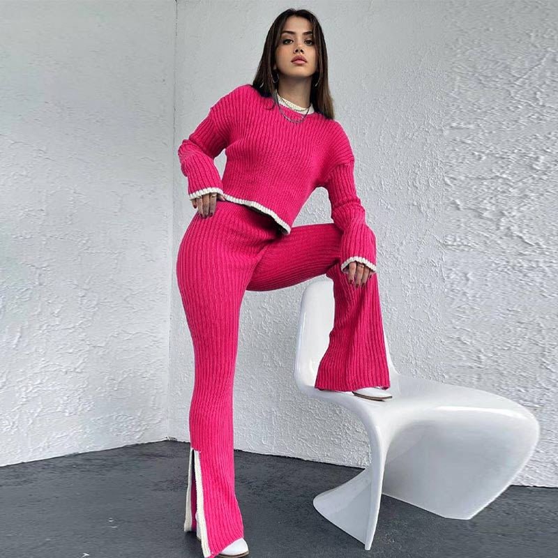 Piper knitted two-piece set cropped sweater high-waisted pants contrast details cozy chic style