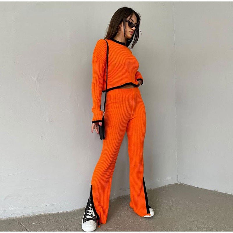 Piper knitted two-piece set cropped sweater high-waisted pants with contrast details