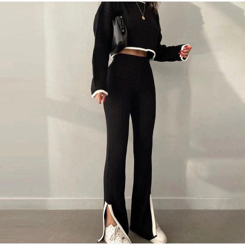 Beige knitted two-piece set cropped sweater high-waisted pants contrast trim cozy chic