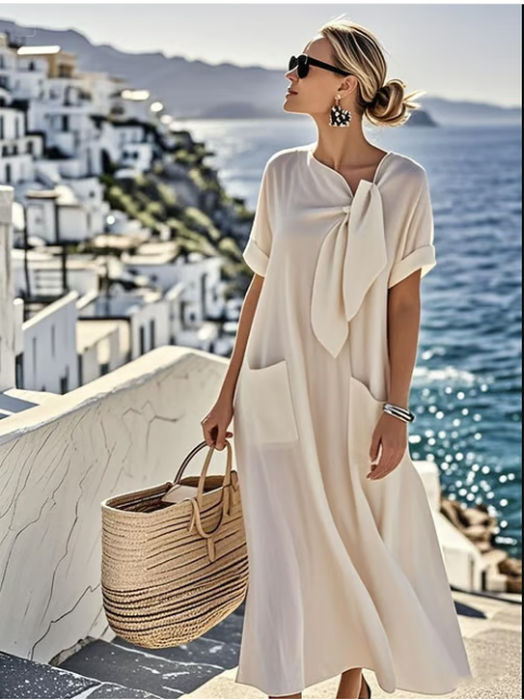 Floral midi dress relaxed silhouette with chic neck tie and pockets, feminine everyday style