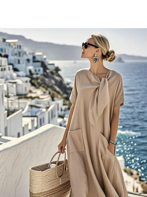 Flowy midi dress with chic neck tie detail, relaxed silhouette, and pockets — feminine everyday style