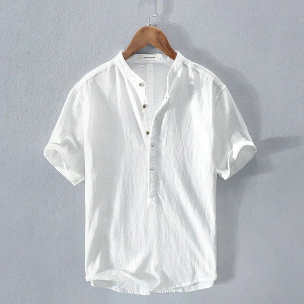 Men's light blue cotton linen Henley shirt regular fit with button closure, breathable casual summer top