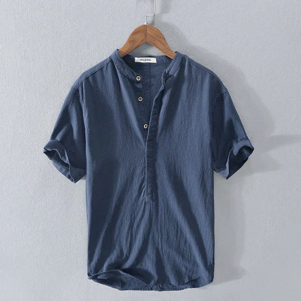 Men's light blue cotton-linen Henley shirt, regular fit with button closure, breathable lightweight casual summer top