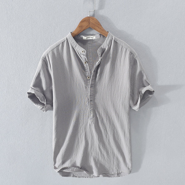 Men's light blue cotton-linen Henley shirt, regular fit with button closure, breathable lightweight casual summer top