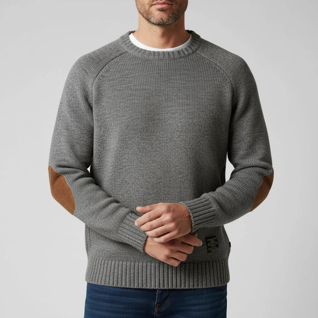 Men's classic red knit sweater with raglan sleeves, ribbed hem, and contrast elbow patches