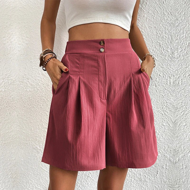 Women's high waist wide leg pleated shorts with double-button waistband and side pockets