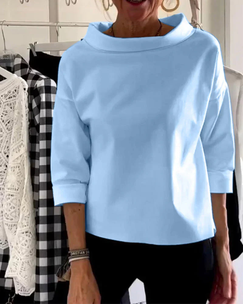 Women's bateau neck 3/4 sleeve casual top with draped cowl neckline relaxed fit everyday style