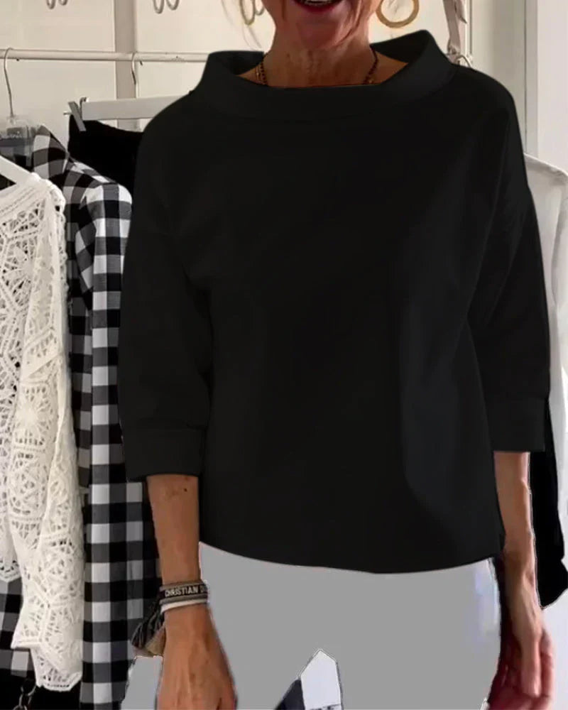 Women's bateau neck casual top with draped cowl neckline and 3/4 sleeves relaxed fit