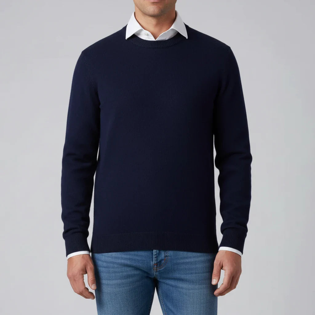 Men's light blue crew neck knit sweater regular fit with ribbed cuffs versatile wardrobe essential