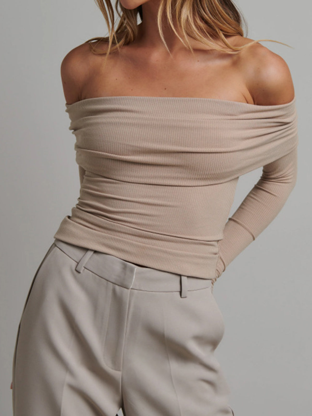 White ribbed off-shoulder crop shirt with long sleeves, overfold detail, slim fit casual style