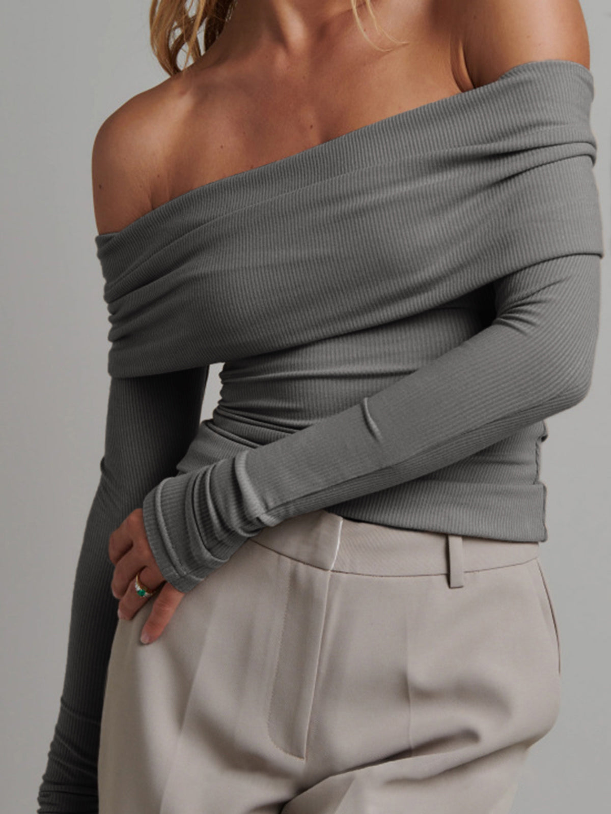 White ribbed off-shoulder crop top with overfold long sleeves, slim fit casual style