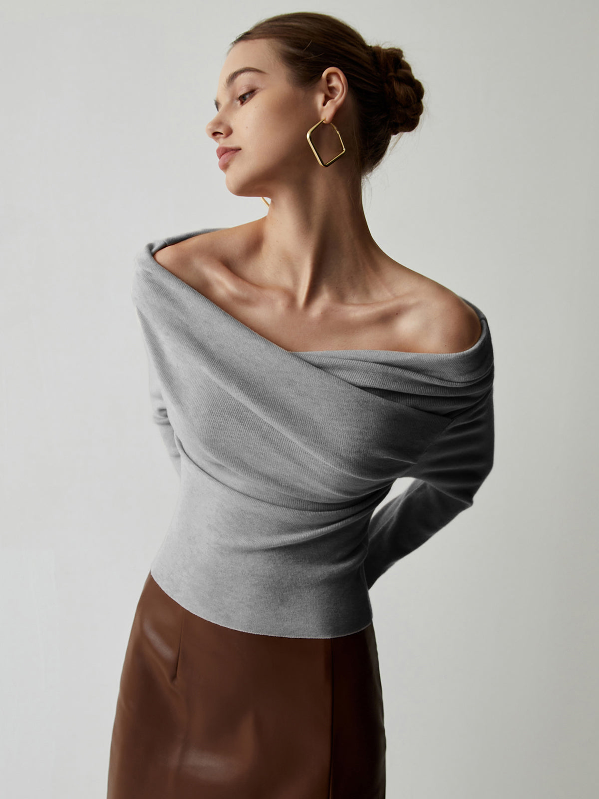 Women's off-shoulder knit wrap top long sleeve slim fit casual elegant sweater