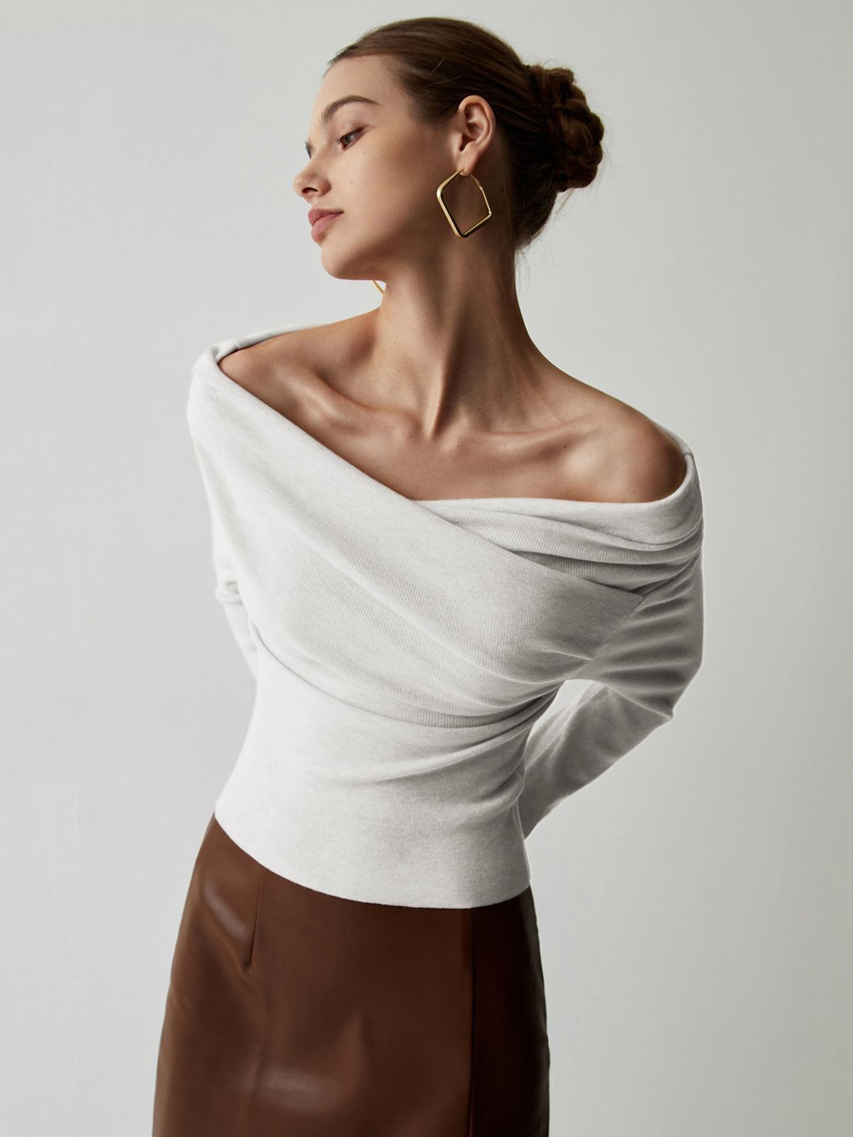 Women's off-shoulder knit wrap top long sleeve slim fit casual elegant sweater