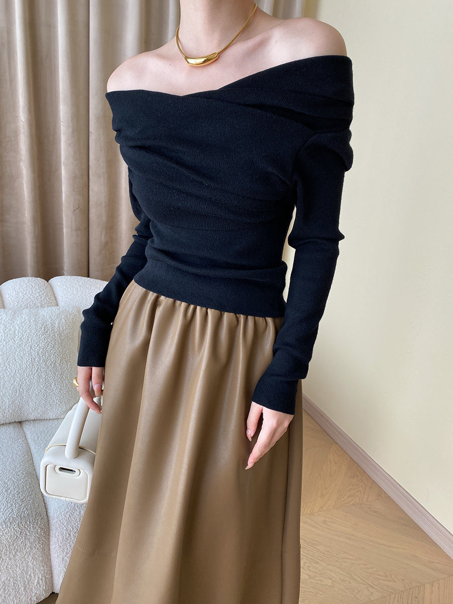 Women's off-shoulder wrap knit top long sleeve slim fit casual elegant sweater