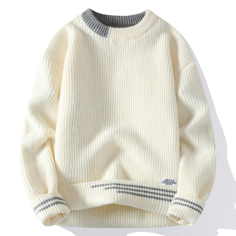 Color block knitted pullover crew neck cotton-poly rib-knit smart casual stretch fit