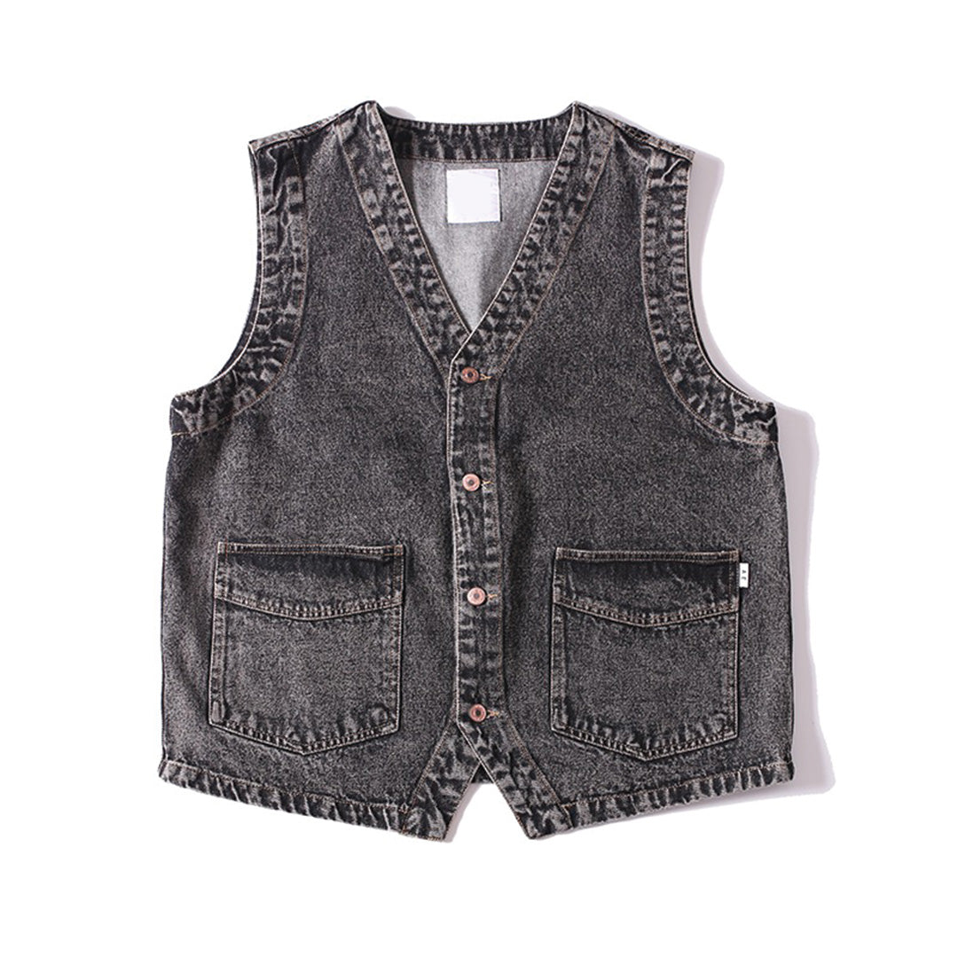 Worn blue vintage denim utility vest, regular fit with triple patch pockets for effortless layering