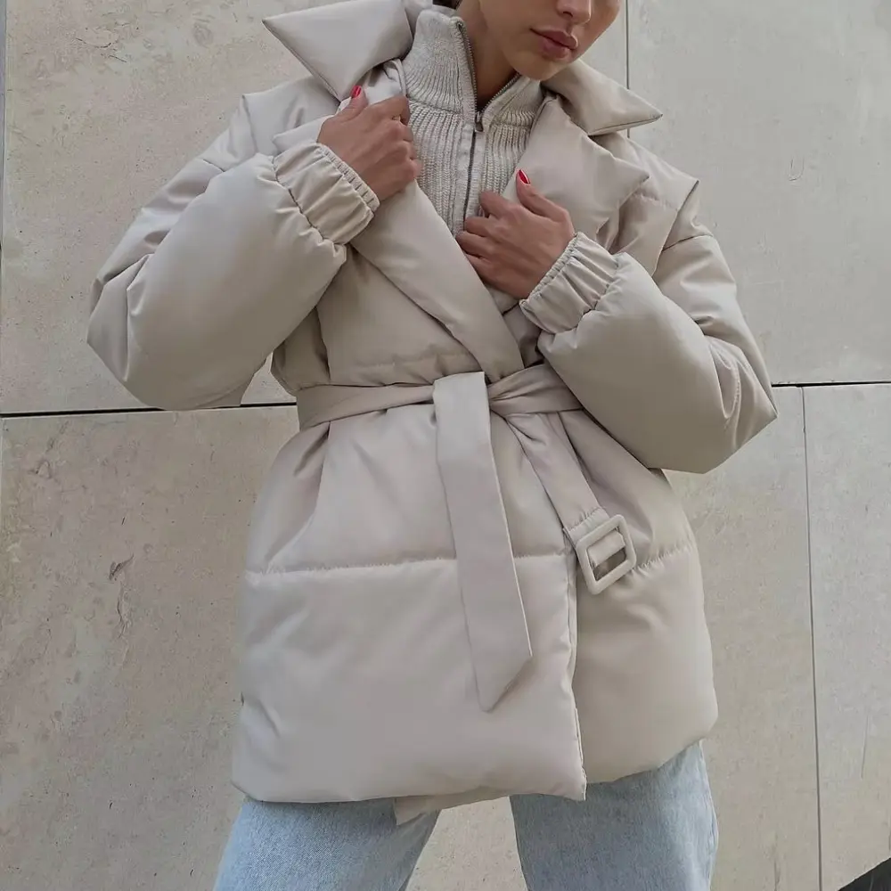 Olivia neutral cotton padded winter jacket loose fit with oversized collar and belted waist