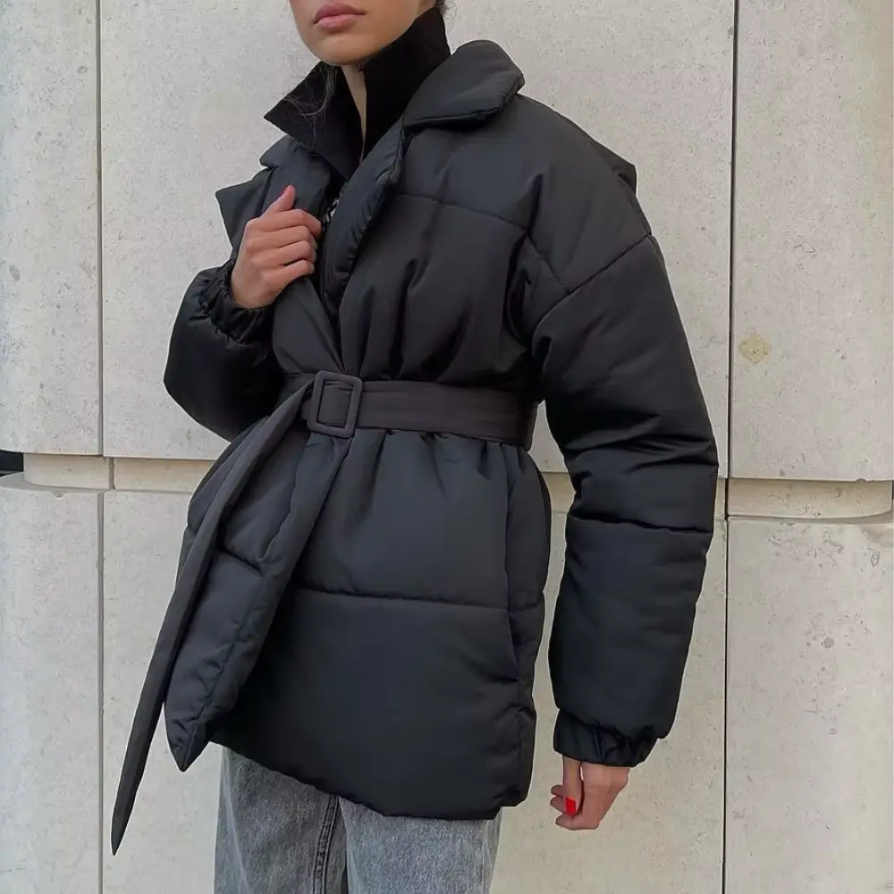Olivia oversized neutral cotton padded winter jacket with adjustable belted waist and cozy collar