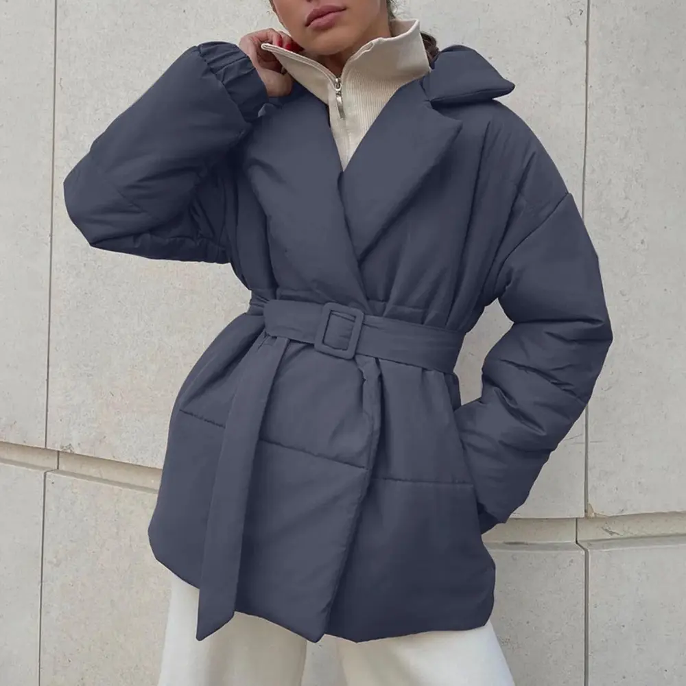 Olivia beige oversized padded winter jacket with adjustable belted waist and cozy collar