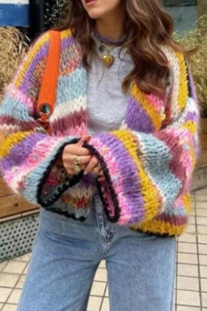 Women's striped knit crop cardigan in multicolor, versatile layering style with chic cropped length