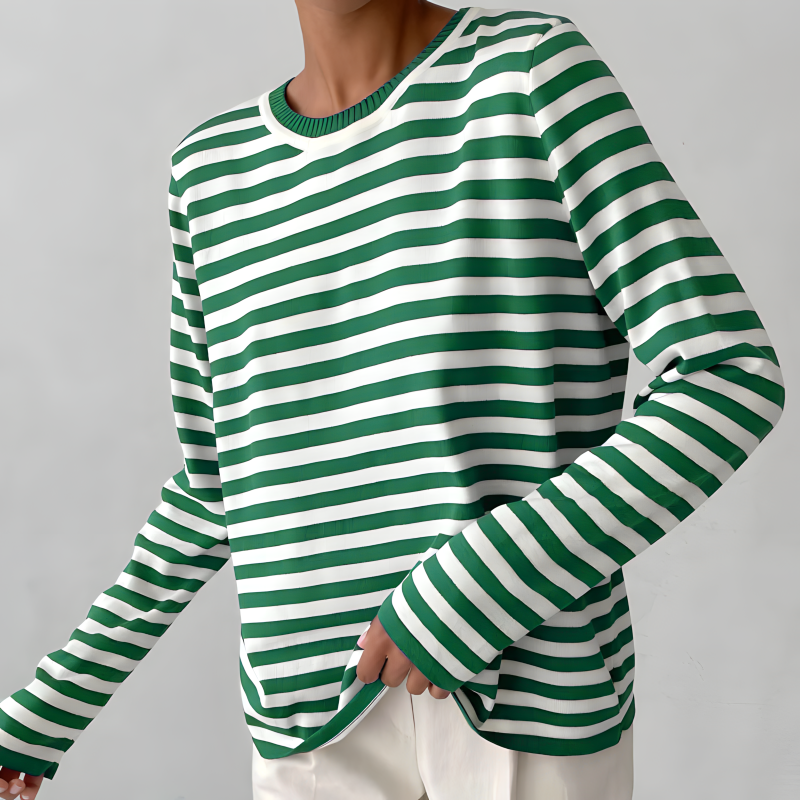 Women's elegant striped summer T-shirt in relaxed silhouette with classic multicolor stripe pattern