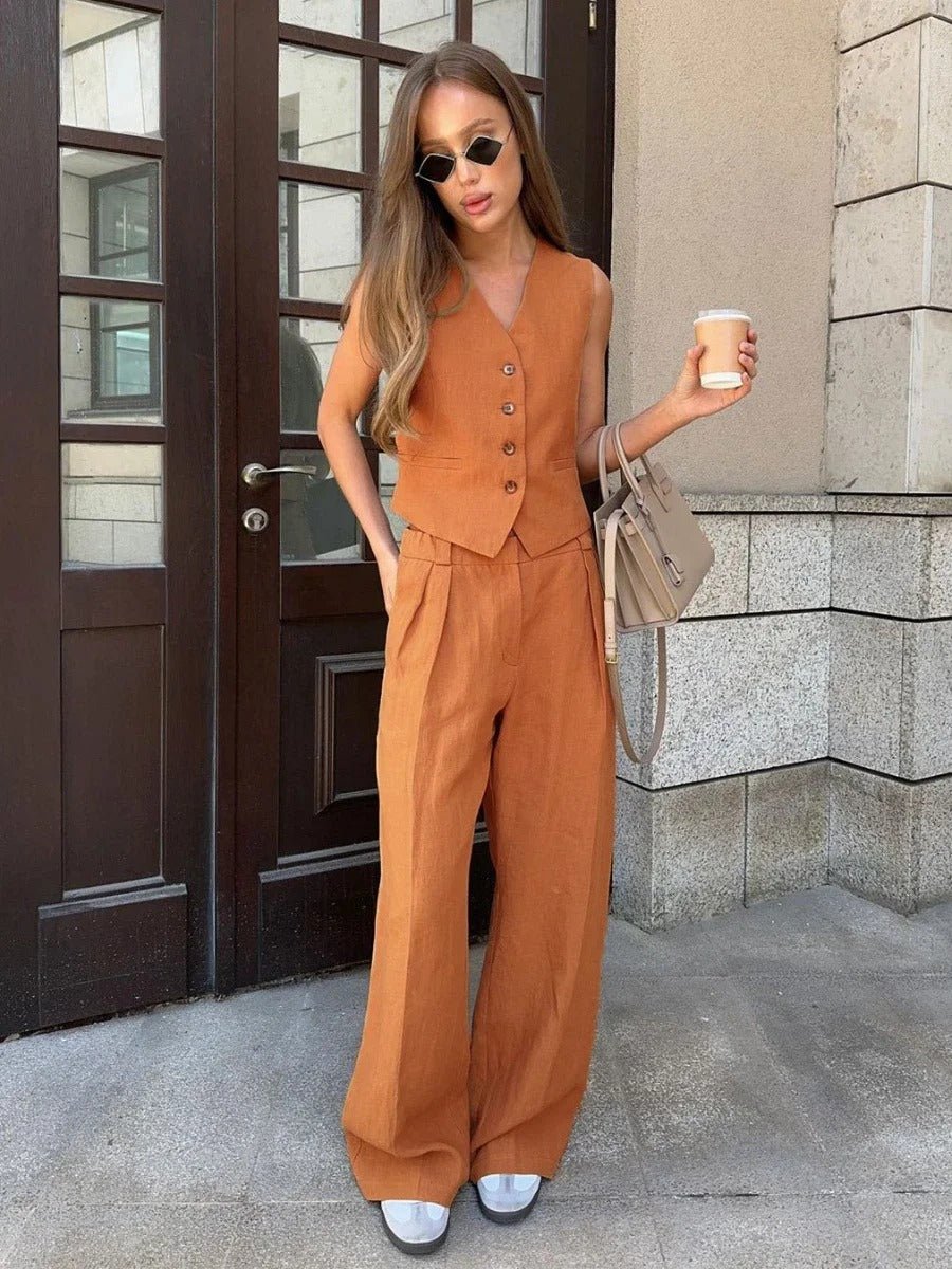 Women's two-piece matching set in neutral tones, relaxed chic silhouette with effortless casual elegance